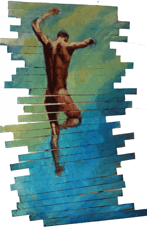 Painting on wood slats of jumping male figure
